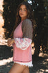 Ribbed Knit Patchwork Plaid Raglan Sleeve Blouse