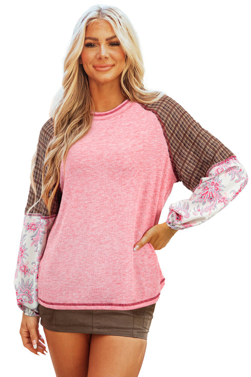 Ribbed Knit Patchwork Plaid Raglan Sleeve Blouse
