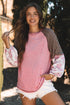 Ribbed Knit Patchwork Plaid Raglan Sleeve Blouse