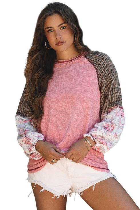 Ribbed Knit Patchwork Plaid Raglan Sleeve Blouse