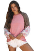 Ribbed Knit Patchwork Plaid Raglan Sleeve Blouse