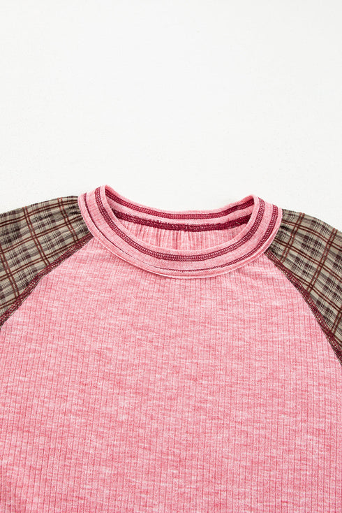 Ribbed Knit Patchwork Plaid Raglan Sleeve Blouse