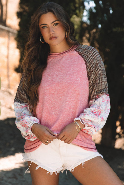 Ribbed Knit Patchwork Plaid Raglan Sleeve Blouse