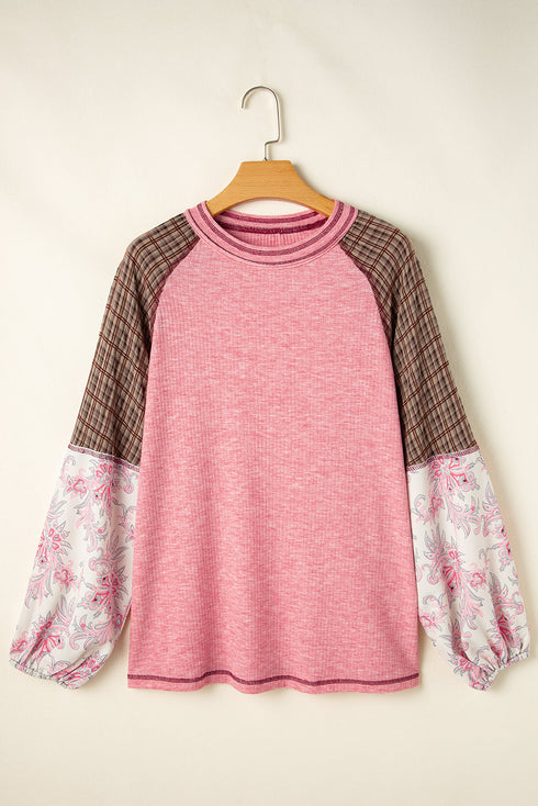 Ribbed Knit Patchwork Plaid Raglan Sleeve Blouse