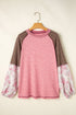 Ribbed Knit Patchwork Plaid Raglan Sleeve Blouse