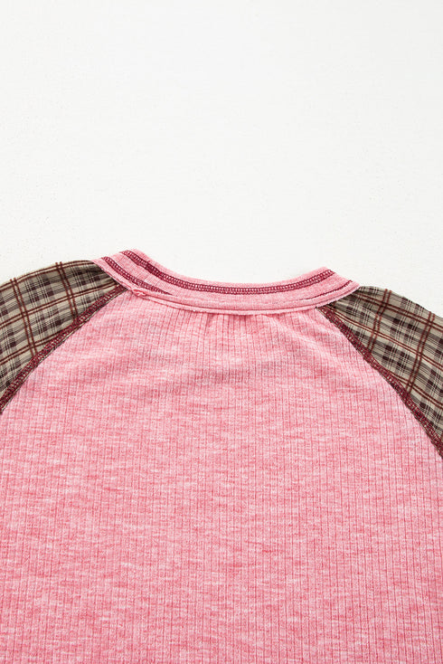 Ribbed Knit Patchwork Plaid Raglan Sleeve Blouse