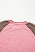 Ribbed Knit Patchwork Plaid Raglan Sleeve Blouse