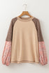 Ribbed Knit Patchwork Plaid Raglan Sleeve Blouse