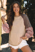 Ribbed Knit Patchwork Plaid Raglan Sleeve Blouse