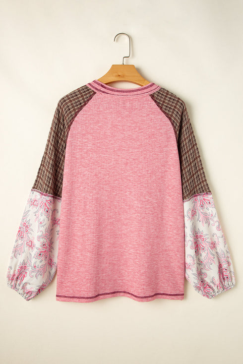 Ribbed Knit Patchwork Plaid Raglan Sleeve Blouse
