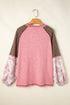 Ribbed Knit Patchwork Plaid Raglan Sleeve Blouse