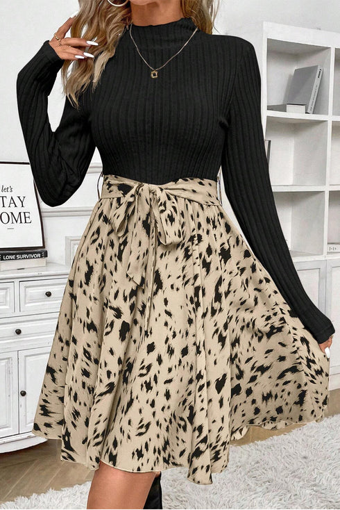 Ribbed Knit Patchwork Printed Belted A Line Mini Dress