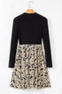 Ribbed Knit Patchwork Printed Belted A Line Mini Dress
