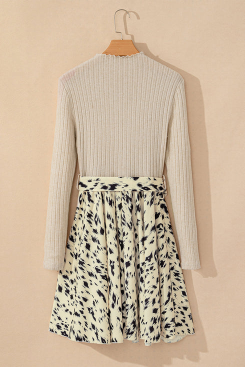Ribbed Knit Patchwork Printed Belted A Line Mini Dress