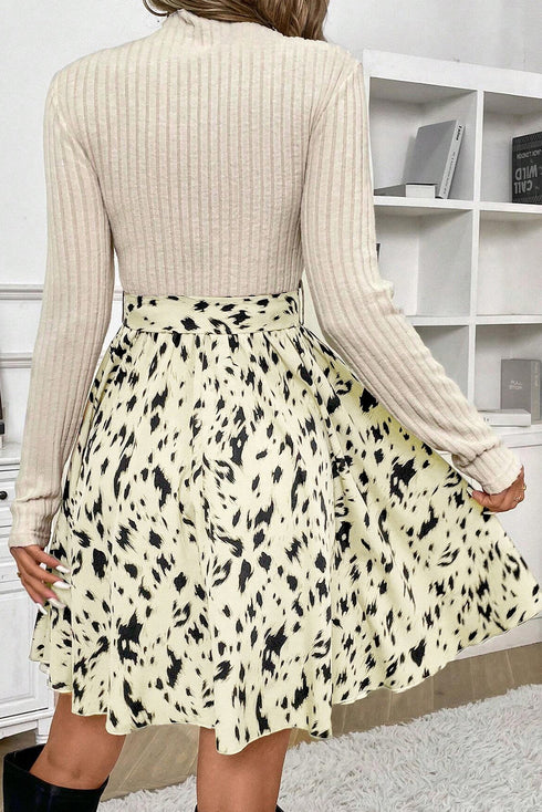 Ribbed Knit Patchwork Printed Belted A Line Mini Dress