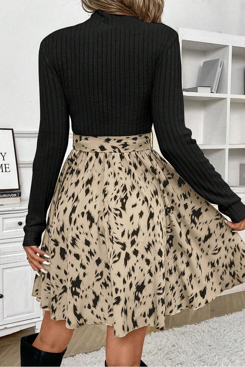 Ribbed Knit Patchwork Printed Belted A Line Mini Dress