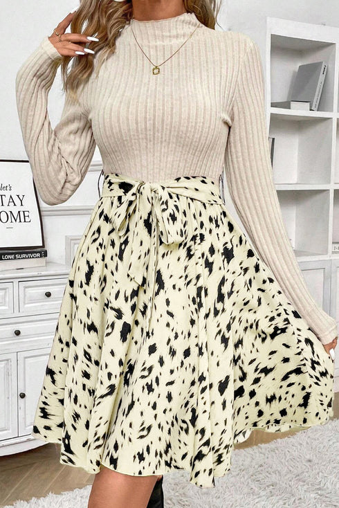 Ribbed Knit Patchwork Printed Belted A Line Mini Dress