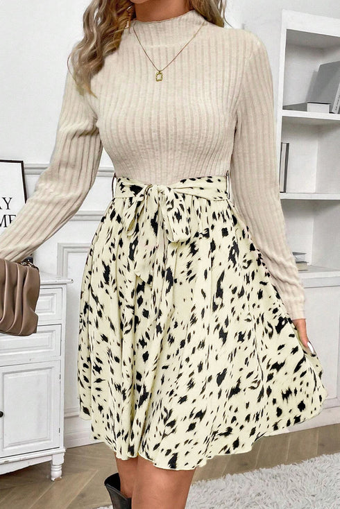 Ribbed Knit Patchwork Printed Belted A Line Mini Dress