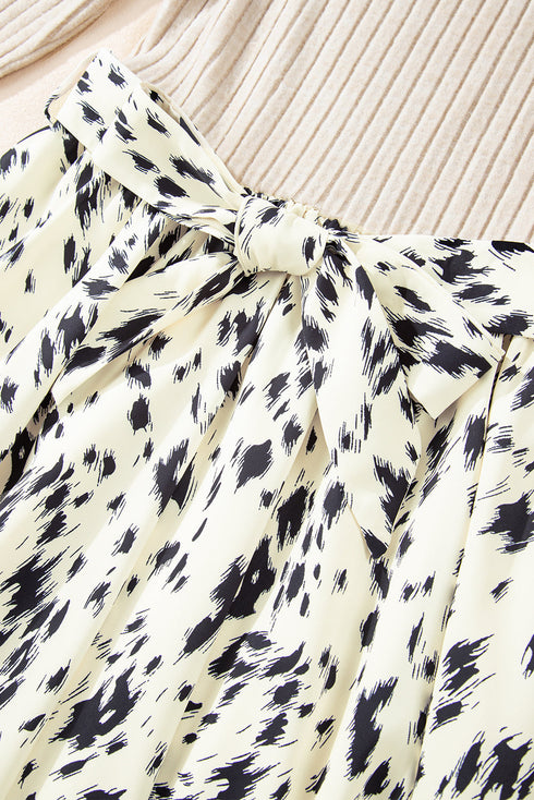 Ribbed Knit Patchwork Printed Belted A Line Mini Dress