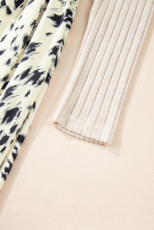 Ribbed Knit Patchwork Printed Belted A Line Mini Dress