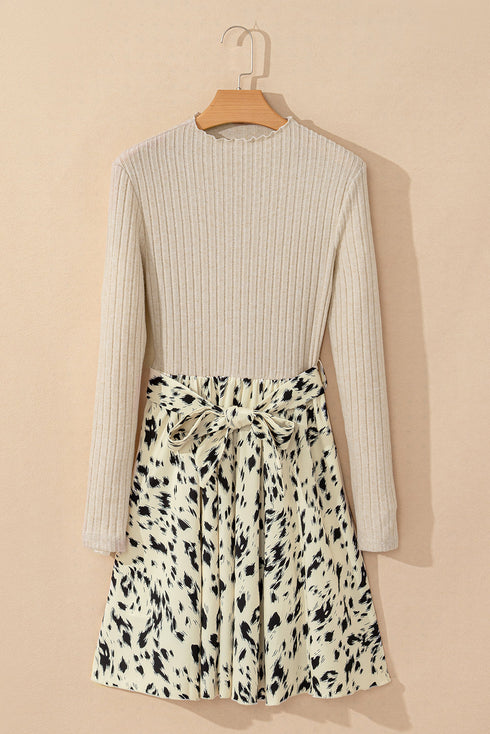 Ribbed Knit Patchwork Printed Belted A Line Mini Dress