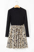 Ribbed Knit Patchwork Printed Belted A Line Mini Dress