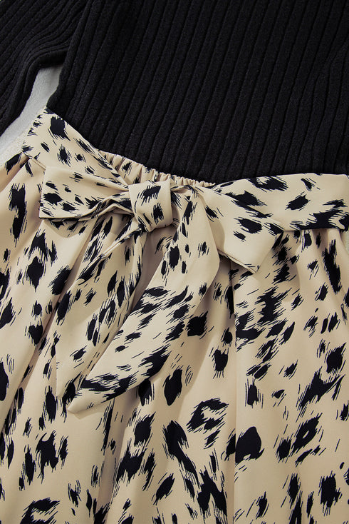 Ribbed Knit Patchwork Printed Belted A Line Mini Dress