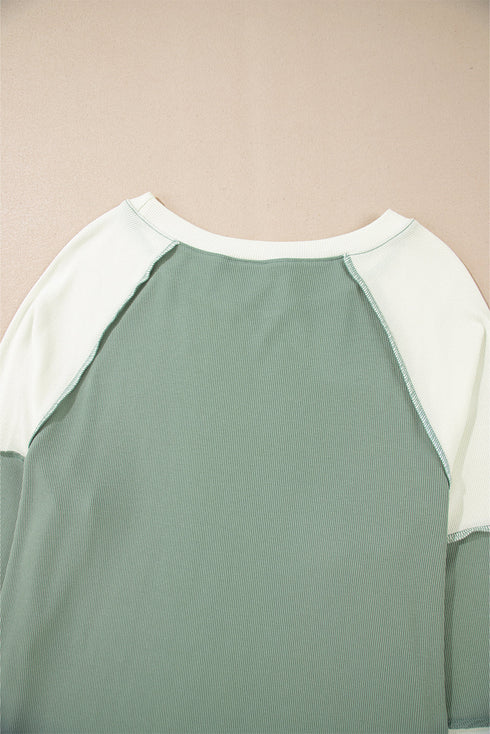Ribbed Knit Patchwork Raglan Long Sleeve Top