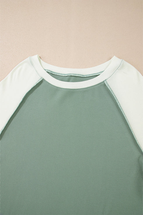 Ribbed Knit Patchwork Raglan Long Sleeve Top