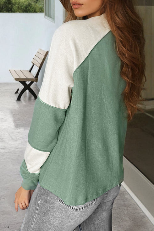 Ribbed Knit Patchwork Raglan Long Sleeve Top