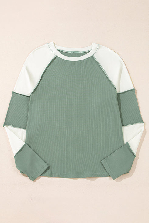 Ribbed Knit Patchwork Raglan Long Sleeve Top