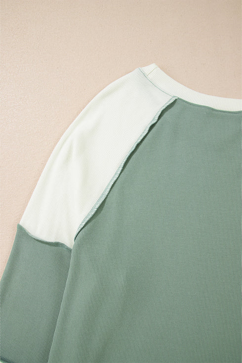 Ribbed Knit Patchwork Raglan Long Sleeve Top