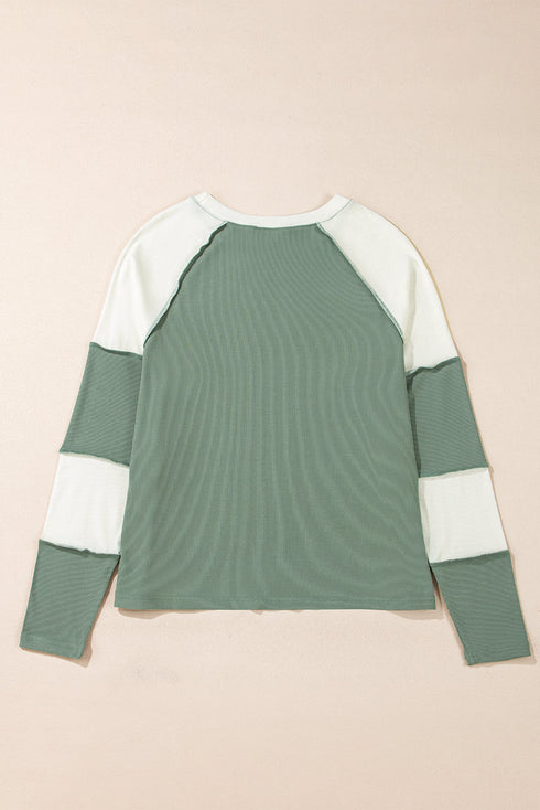 Ribbed Knit Patchwork Raglan Long Sleeve Top