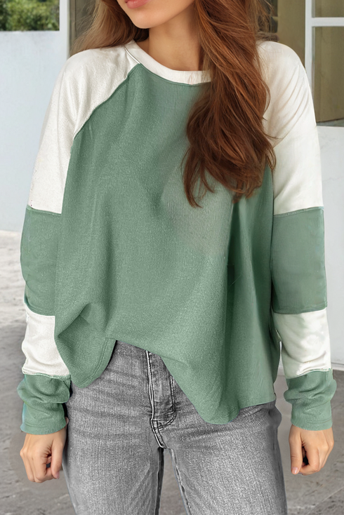 Ribbed Knit Patchwork Raglan Long Sleeve Top