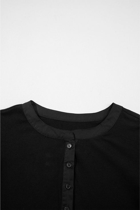 Ribbed Knit Puff Sleeve Half Button Placket Slim Top