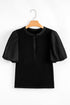 Ribbed Knit Puff Sleeve Half Button Placket Slim Top