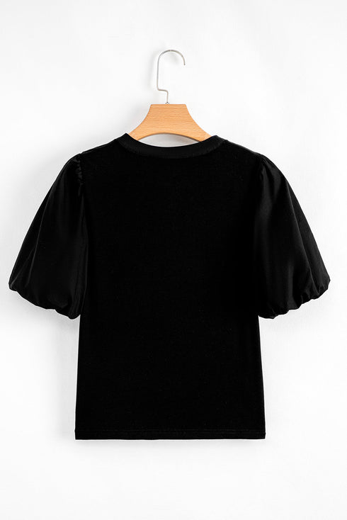 Ribbed Knit Puff Sleeve Half Button Placket Slim Top