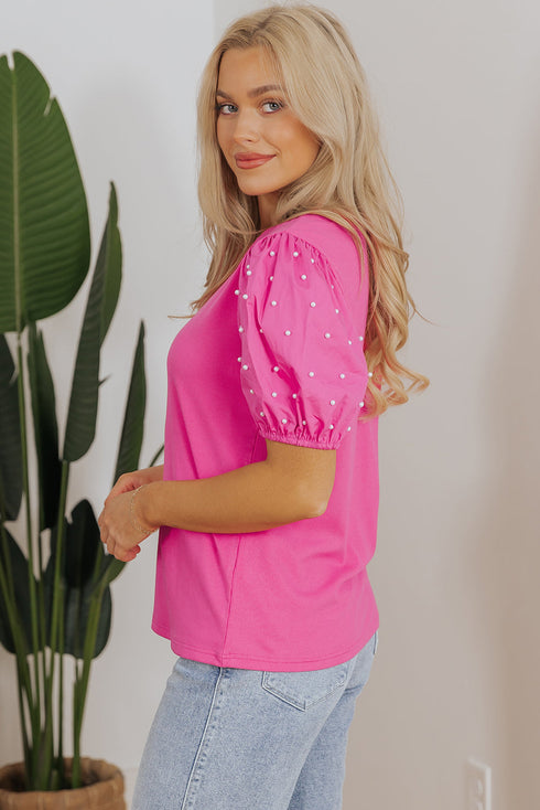 Ribbed Knit Puff Sleeve Pearl Beaded Shirt