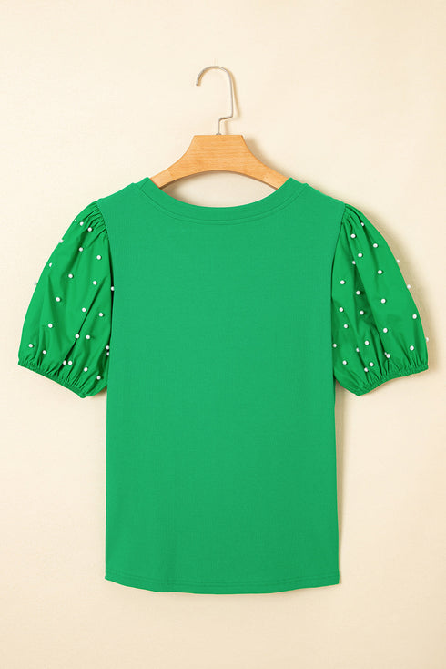 Ribbed Knit Puff Sleeve Pearl Beaded Shirt