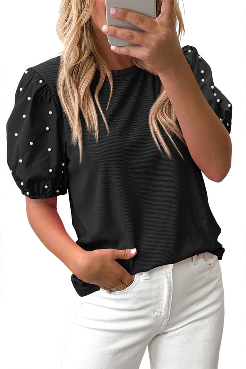 Ribbed Knit Puff Sleeve Pearl Beaded Shirt