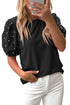 Ribbed Knit Puff Sleeve Pearl Beaded Shirt