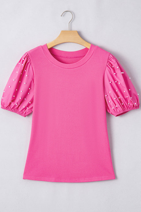 Ribbed Knit Puff Sleeve Pearl Beaded Shirt