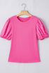 Ribbed Knit Puff Sleeve Pearl Beaded Shirt