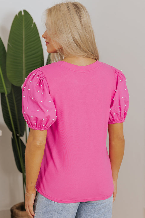 Ribbed Knit Puff Sleeve Pearl Beaded Shirt