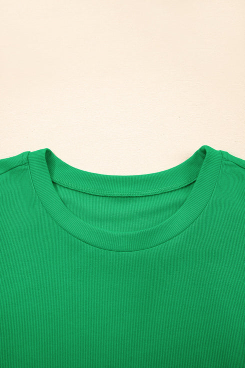 Ribbed Knit Puff Sleeve Pearl Beaded Shirt