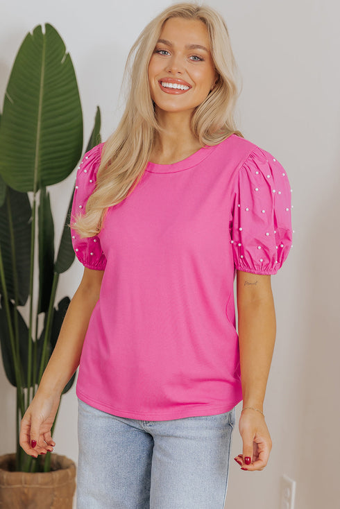Ribbed Knit Puff Sleeve Pearl Beaded Shirt