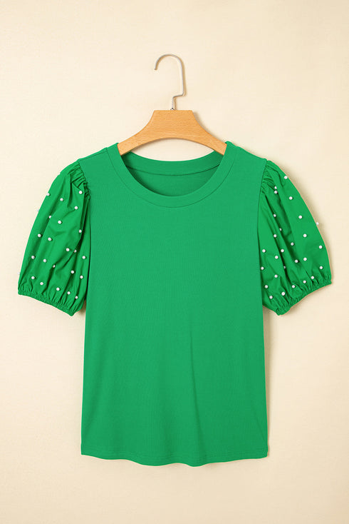 Ribbed Knit Puff Sleeve Pearl Beaded Shirt