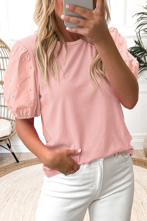 Ribbed Knit Puff Sleeve Pearl Beaded Shirt