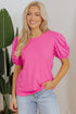 Ribbed Knit Puff Sleeve Pearl Beaded Shirt