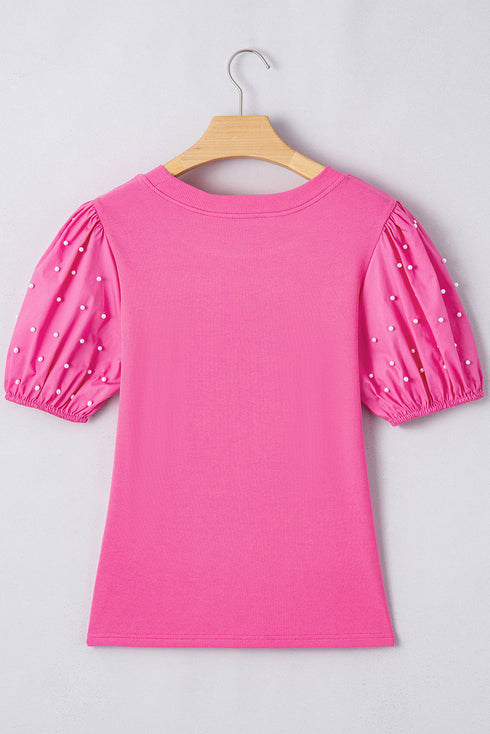 Ribbed Knit Puff Sleeve Pearl Beaded Shirt